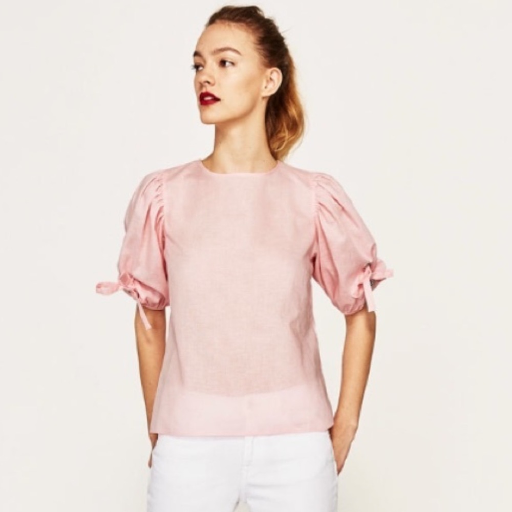 ZARA Linen/Cotton Blend Tie Detail Light Pink Top. Excellent Condition. XS